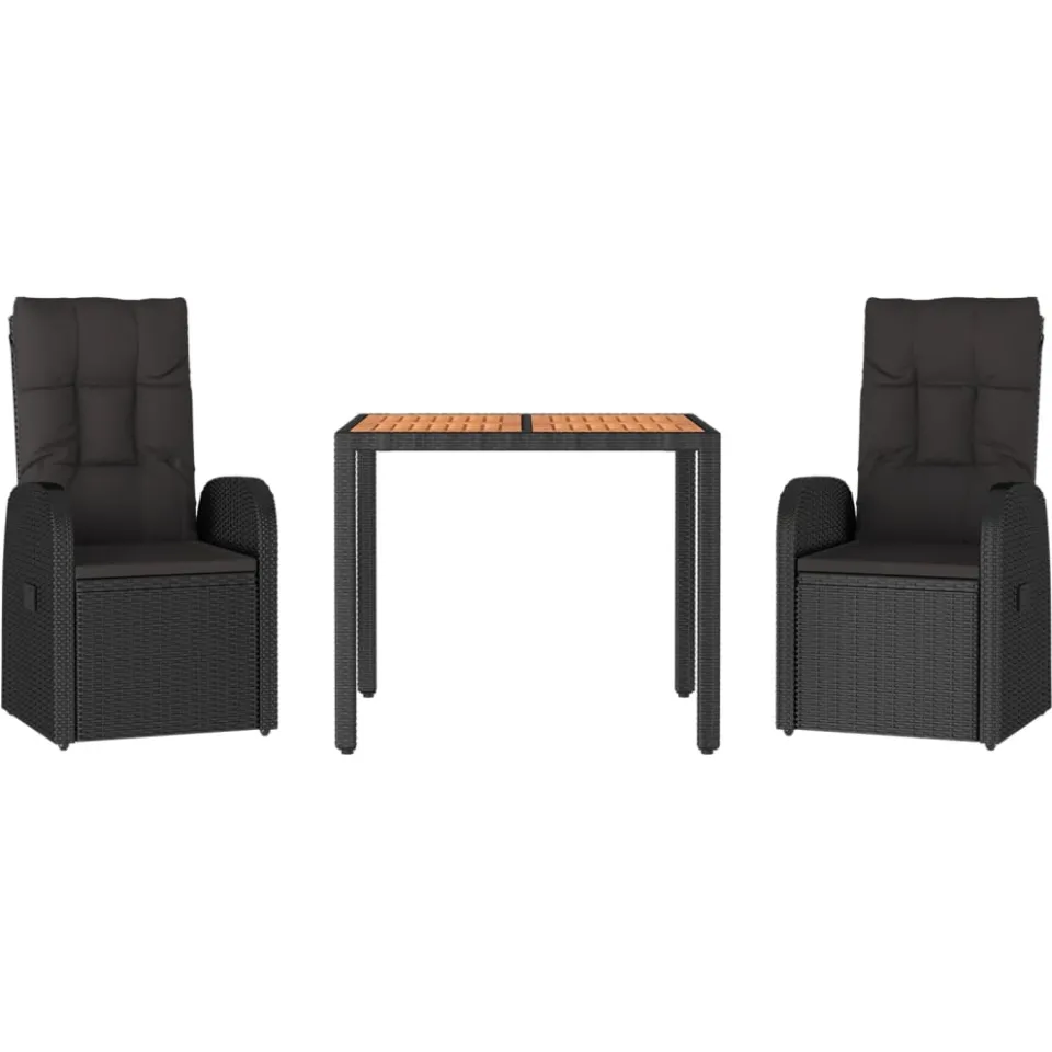 vidaXL 3-delige Tuinset met kussens poly rattan zwart