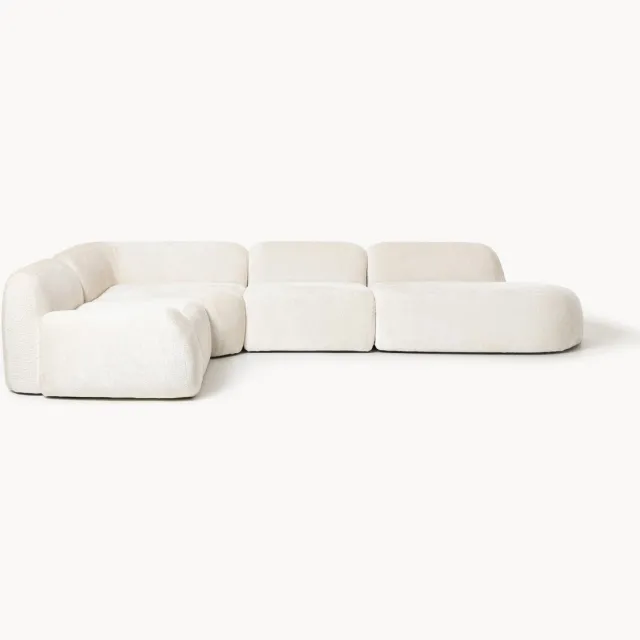 Westwing Collection XL modulaire teddy bouclé hoekbank Wolke (4-zits) met chaise longue Wit