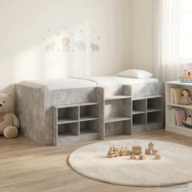 vidaXL Loft Bed Frame met Kast met plank 3 st Betongrijs Bewerkt hout