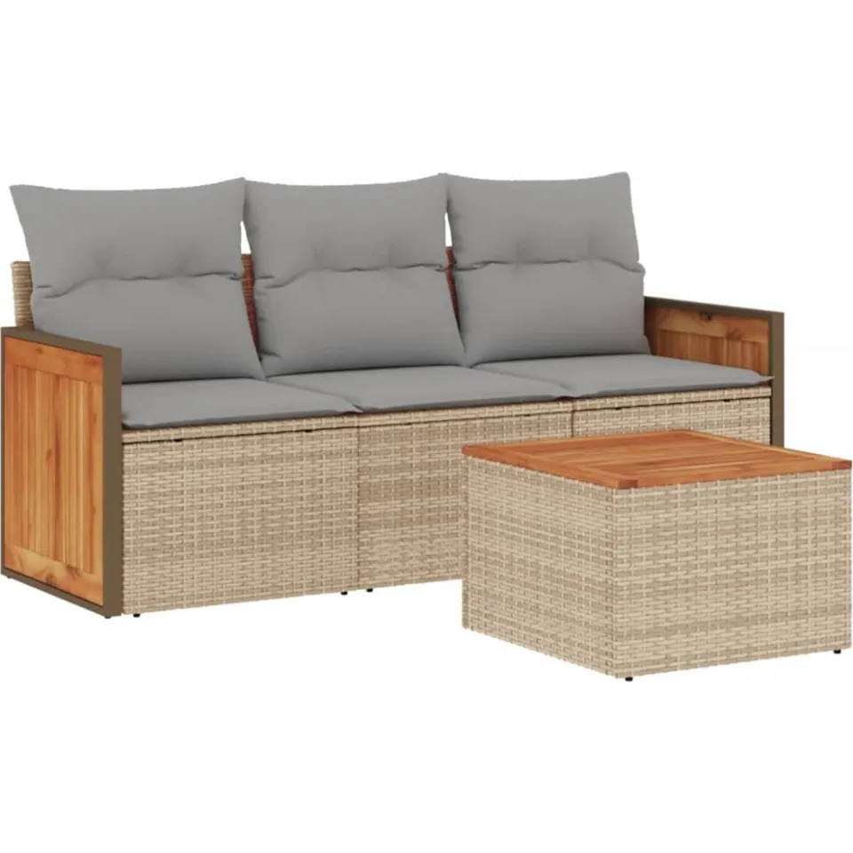 vidaXL 4-delige Loungeset met kussens poly rattan beige, foto 3