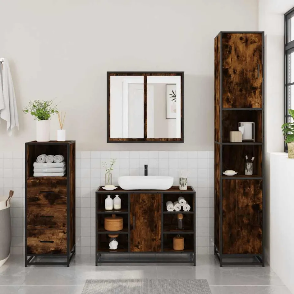 vidaXL 3-delige Badkamermeubelset bewerkt hout gerookt eikenkleurig, foto 3