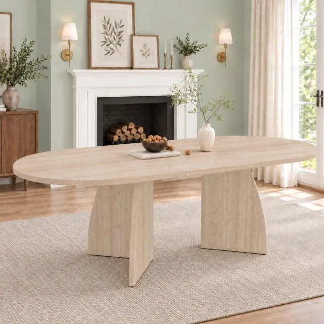 DESMIU Eettafel - Uitschuifbaar Voor 4 tot 8 Personen - Afgeronde Hoeken Voor de Eetkamer - MDF in Travertinlook - 150 of 200 x 90 x 75 cm Beige met travertinlook