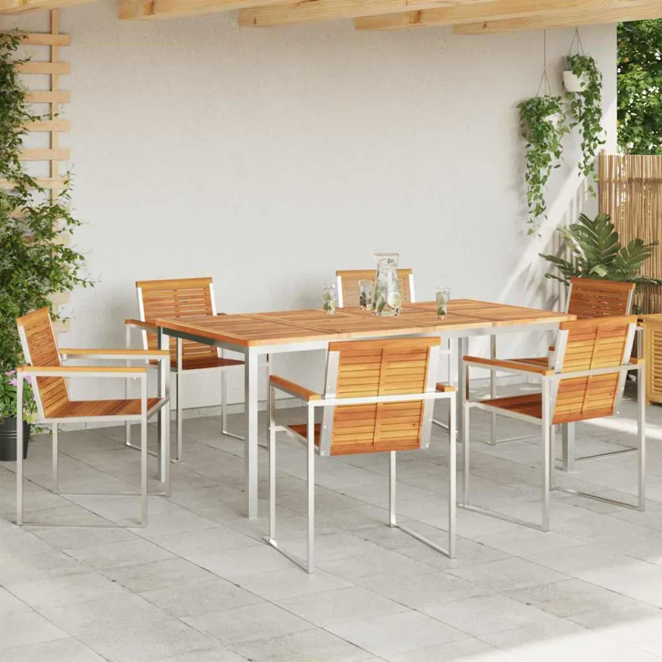 vidaXL Tuin eettafelset 7 st Massief acaciahout en roestvrij staal, foto 3