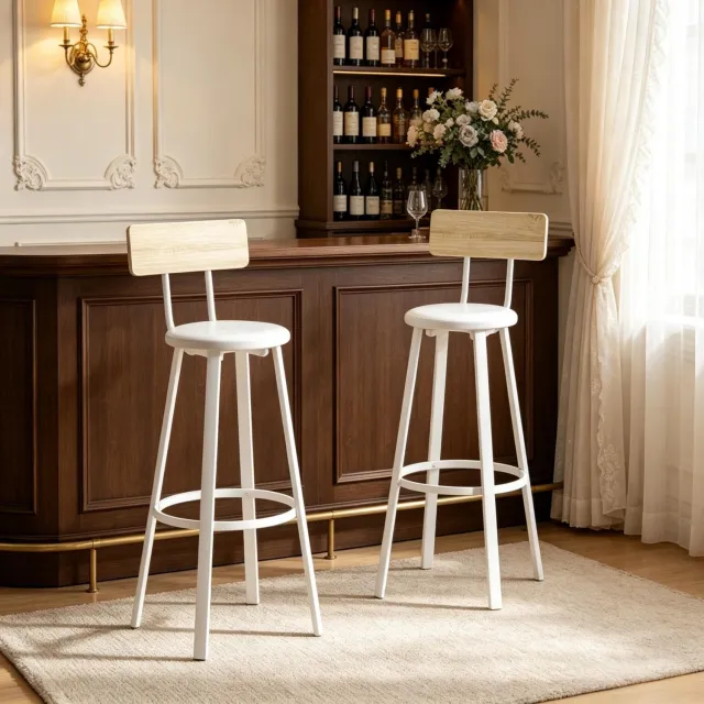 STILVORA Barkrukken Set Van 2 - Met Rugleuning En Voetsteun - Zithoogte 75,5 Cm - Voor Keukenbar En Hoge Tafel - Metaal Wit En Eikenlook