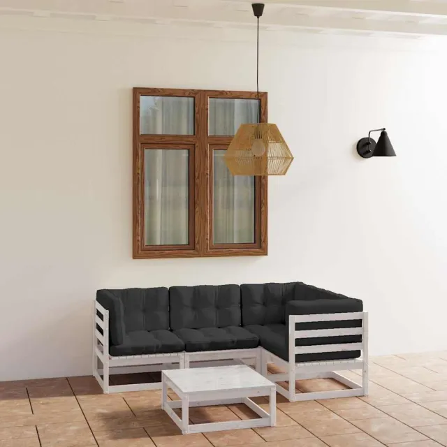 vidaXL 5-delige Loungeset met kussens massief grenenhout wit, foto 2