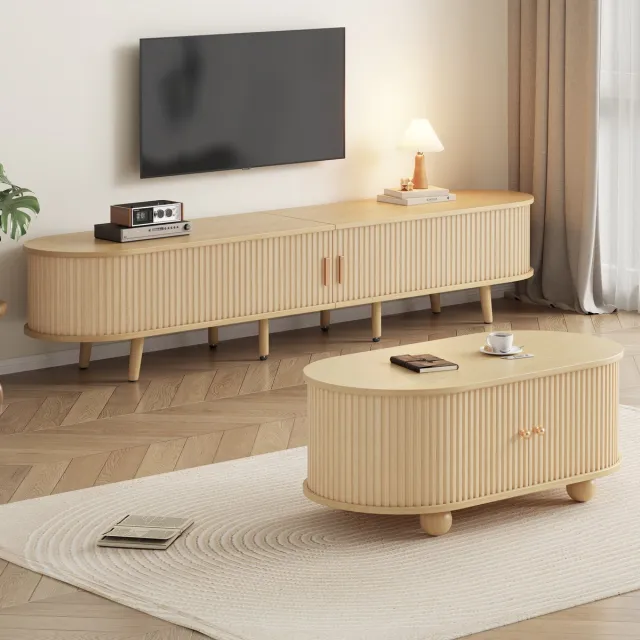 HAUSS SPOLE TV-Meubel En Salontafel - Ovale Combinatie Met Opbergruimte En Lades En Open Plank - MDF Met Massief Houten Poten - 175x40x42 Cm / 100x50x40 Cm - Houtkleur