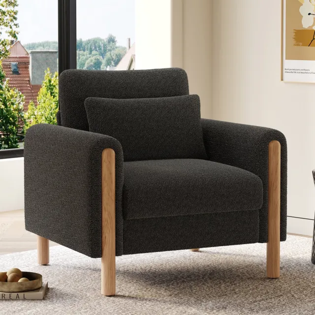 Maisentiel Donkergrijze bouclé fauteuil met armleuningen en houten poten - 87 x 83 x 88,5 cm Donkergrijs