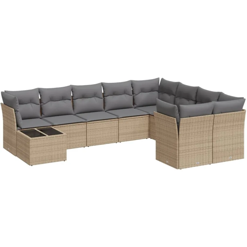 vidaXL 10-delige Loungeset met kussens poly rattan beige