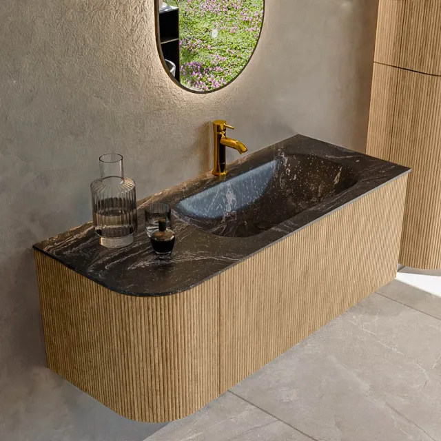 Mondiaz KURVE-DLUX 115 cm Onderkast Greeploos 1 Lade Met Deuren Oak, Wastafel Solid Surface Rechts Lava 1 Kraangat Zonder Spiegel (KRVBGS115L1L1D1KR-Oak/Lav)