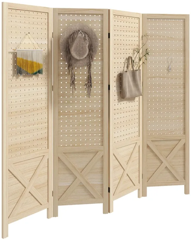 MakkelijkMooi 4 Panelen Roomdivider - Kamerscherm - Geïntegreerd Geperforeerd Paneel - Stevige Scharnieren -Lichte Houtkleur Licht Hout
