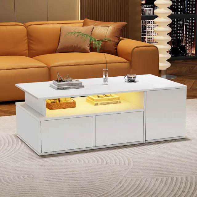 Wishdor Salontafel 100 x 50 x 35 cm van spaanplaat, wit hoogglans, met LED-sfeerverlichting, 2 lades en opbergruimte
