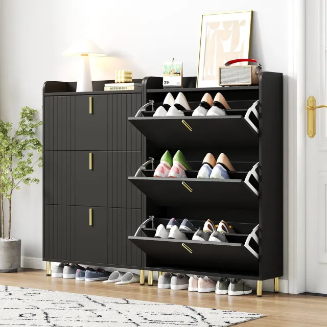 MEUNIQ Schoenenkast met 3 kleppen en 6 vakken, verstelbare legplanken, anti-kantelvoorziening en opbergbovenblad voor hal, zwart, 80 x 23,5 x 123,5 cm