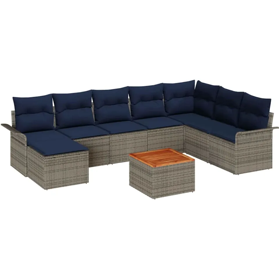 vidaXL Tuinbankenset 9 st Grijs en Marineblauw poly rattan
