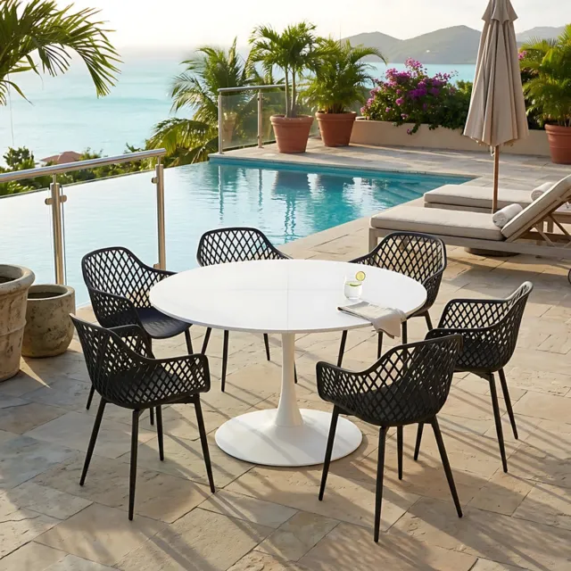EGGREE Balkonmeubilair voor kleine balkons - tuinmeubelset - weerbestendig terrasmeubilair voor tuin - terras - balkon - wit tafel (Ø 120 cm) + 6 zwarte fauteuils