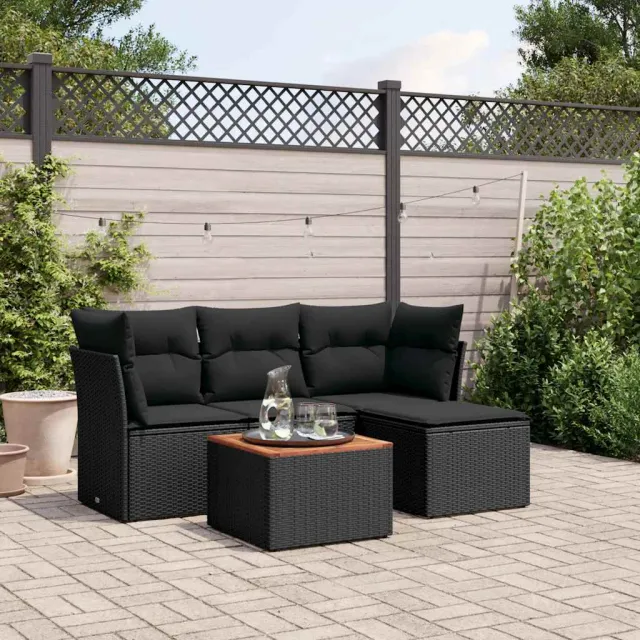 vidaXL 5-delige Loungeset met kussens poly rattan zwart, foto 2