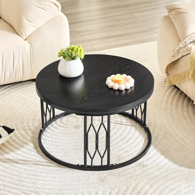 REDOM Salontafel - Rond tafelblad van MDF met houtlook - Geometrisch metalen onderstel - Open onderstel met opbergruimte - Moderne stijl - Woonkamer - Zwart - Ø 70 x 40,5 cm