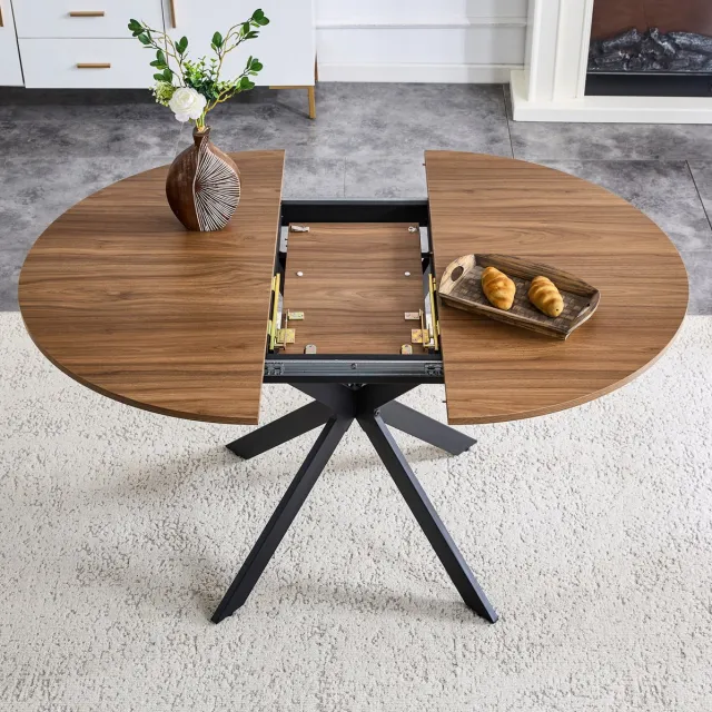 MIVRAY Eettafel - Uitschuifbare Ronde Tafel Naar Ovale Vorm Voor 4 Tot 6 Personen - Modern Walnootlook Met Zwart Metaal - 137x107x76 Cm Black