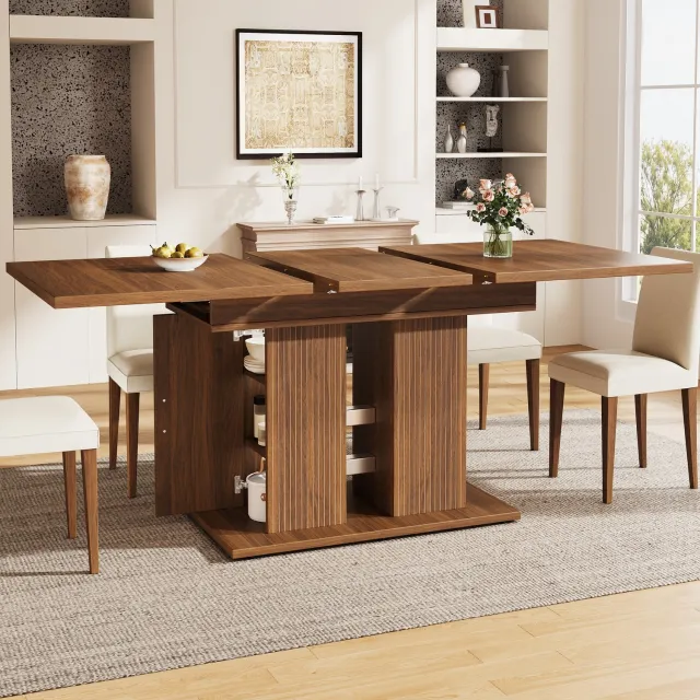 FloraGrace Uitschuifbare Eettafel - Opbergruimte Met Legplanken - Voor 4 Tot 6 Personen - MDF En Metaal - 120/160x80x75 Cm - Donkerbruin