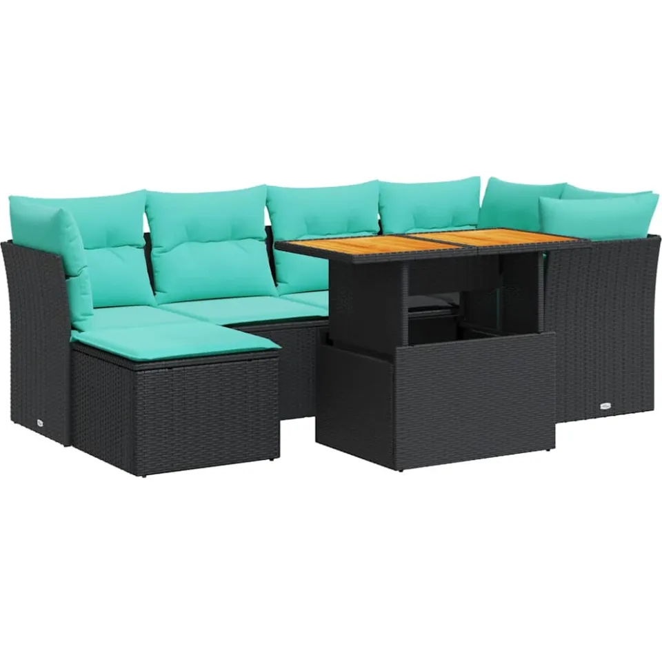 vidaXL 7-delige Loungeset met kussens poly rattan zwart, foto 3