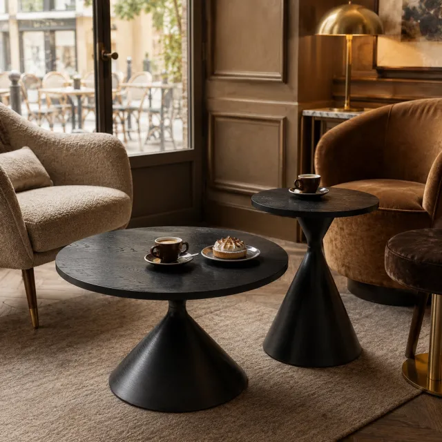 MIVRAY Salontafelset - Twee Ronde Tafels Voor Woonkamer En Slaapkamer - Zwarte Houtlook Met Stalen Onderstel - 70 En 50 Cm