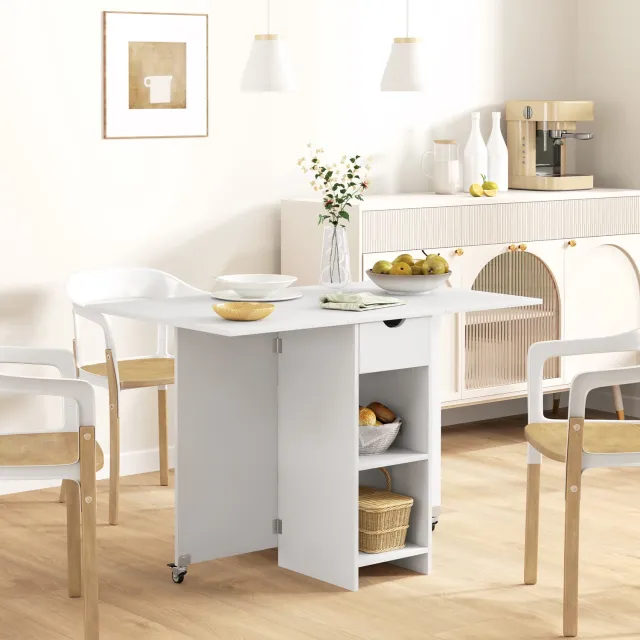 HAUSS SPOLE Opklapbare Eettafel - Ruimtebesparend Met Lade En Open Opbergvakken - Voor Keuken En Eetkamer - Spaanplaat - 114,5 X 70 X 75 Cm - Wit