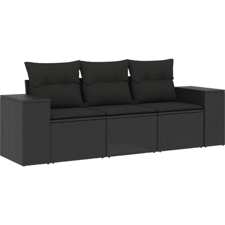 vidaXL 3-delige Loungeset met kussens poly rattan zwart, foto 3