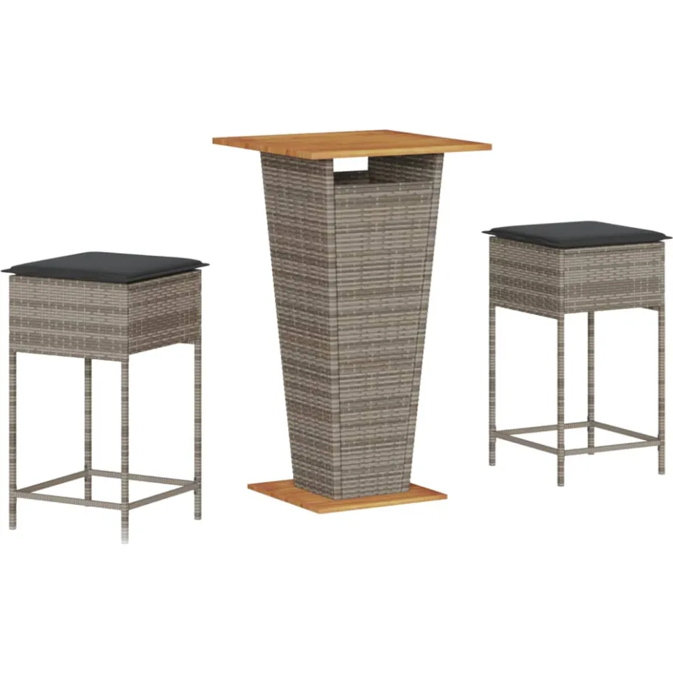 vidaXL 3-delige Tuinbarset met kussens poly rattan grijs