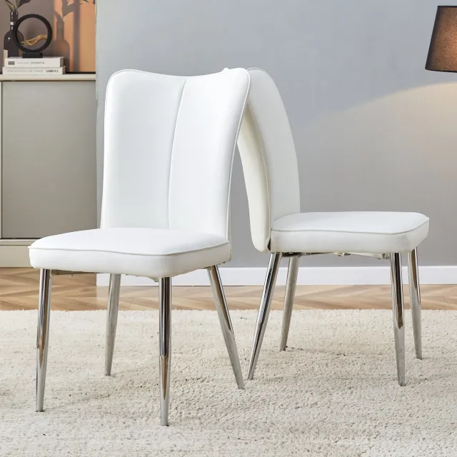 DESMIU Eetkamerstoel 45 x 44 x 89 cm - Set Van 2 Met Ergonomische Rugleuning En Gewatteerde Zitting - Voor Eetkamer En Kantoor - Kunstleer En Metaal - Wit Zilver