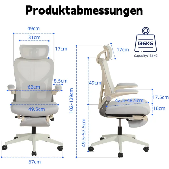 FloraGrace Bureaustoel 67 Cm - Ergonomisch Met 3D Hoofdsteun En Lendensteun - Inklapbaar Voor Werk, Studie En Gamen - Mesh - Grijs