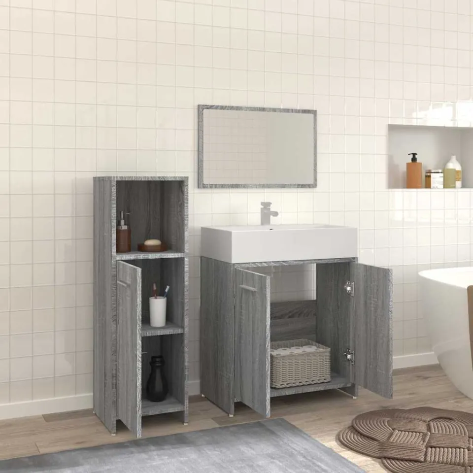 vidaXL 3-delige Badkamermeubelset bewerkt hout grijs sonoma eikenkleur, foto 3