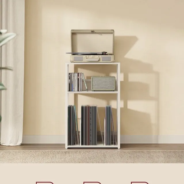 Klarven Bijzettafel Vintage Wit - Bijzettafeltjes Woonkamer - Bijzettafel - Platenspelerstandaard met 3 Lagen - Opslag voor 100 Albums