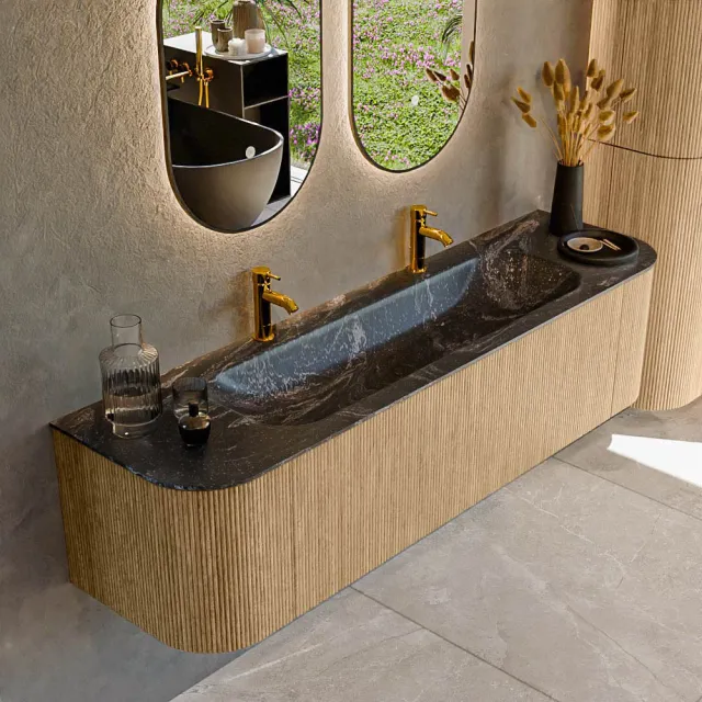 Mondiaz KURVE-DLUX 170 cm Onderkast Greeploos 1 Lade Met Deuren Oak, Wastafel Solid Surface Midden Lava 2 Kraangaten Zonder Spiegel (KRVBGL170L+R1L2D2KM-Oak/Lav)