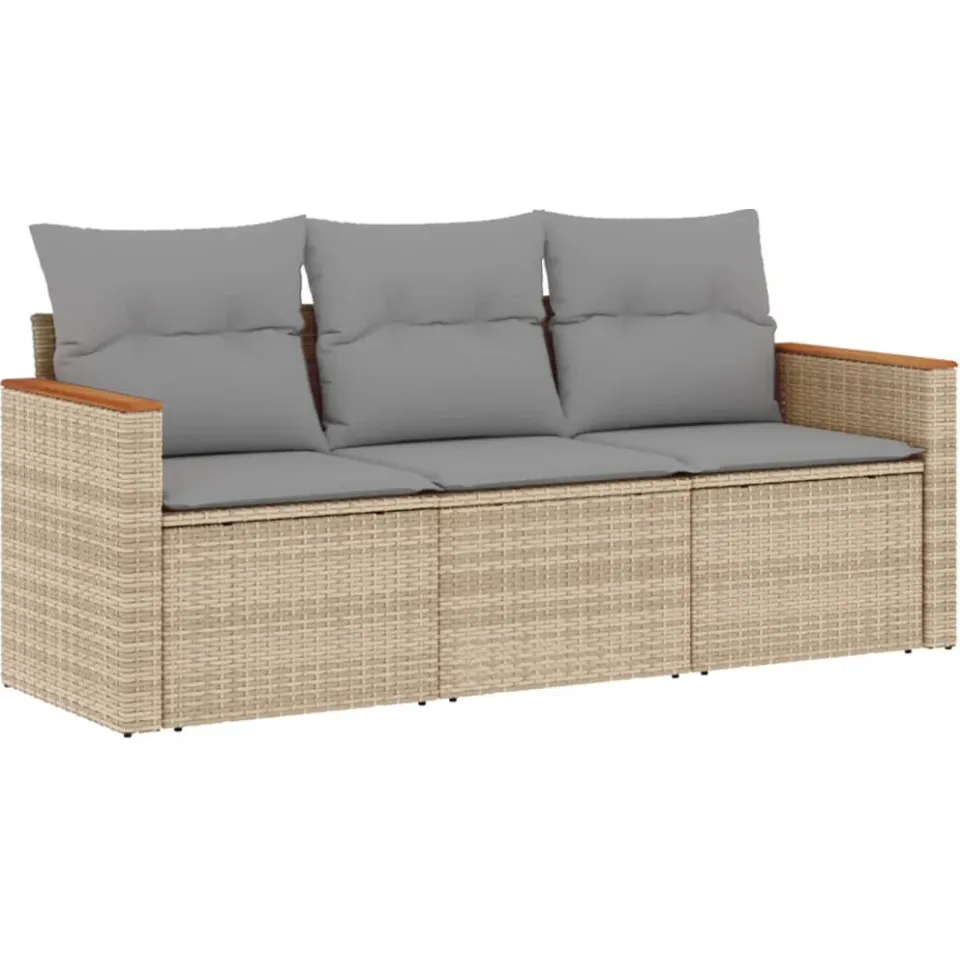 vidaXL 3-delige Loungeset met kussens poly rattan beige, foto 3