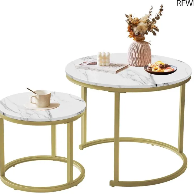RFWR Ronde Nesttafel Set van 2 - Afneembare Salontafels voor Woonkamer, Slaapkamer en Kantoor in Wit en Goud