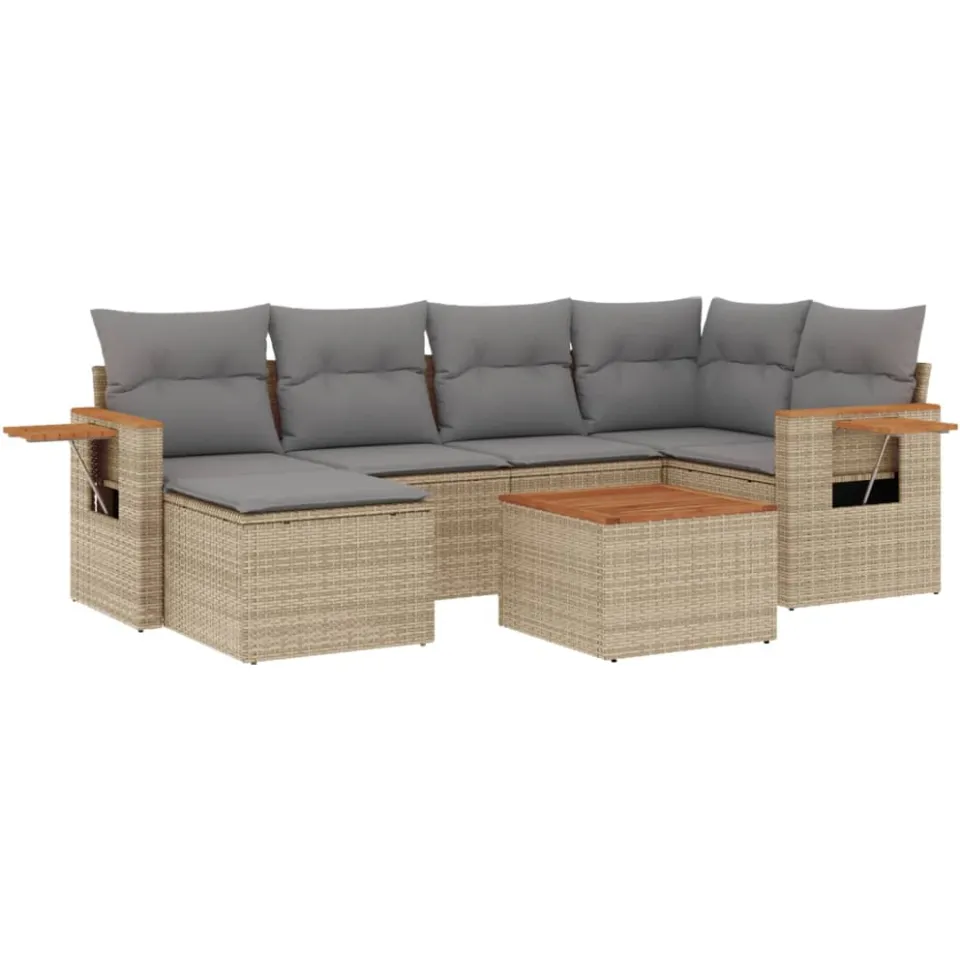 vidaXL 7-delige Loungeset met kussens poly rattan beige