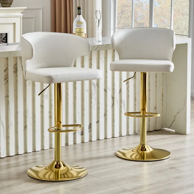 OKWISH Barkruk – In Hoogte Verstelbaar & 360° Draaibaar – Set Van 2 – Kunstleer – Modern – Wit – Voor Bar, Keuken Of Eiland – Met Rugleuning