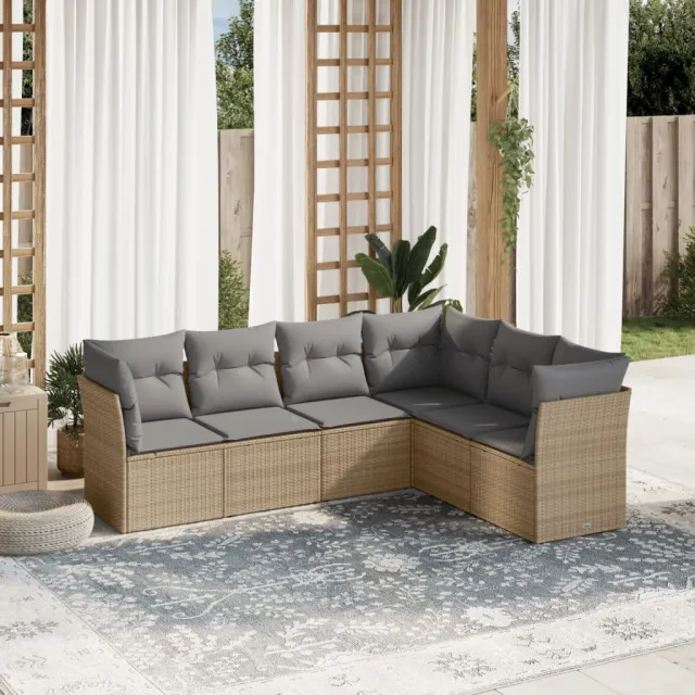 vidaXL 6-delige Loungeset met kussens poly rattan beige, foto 2