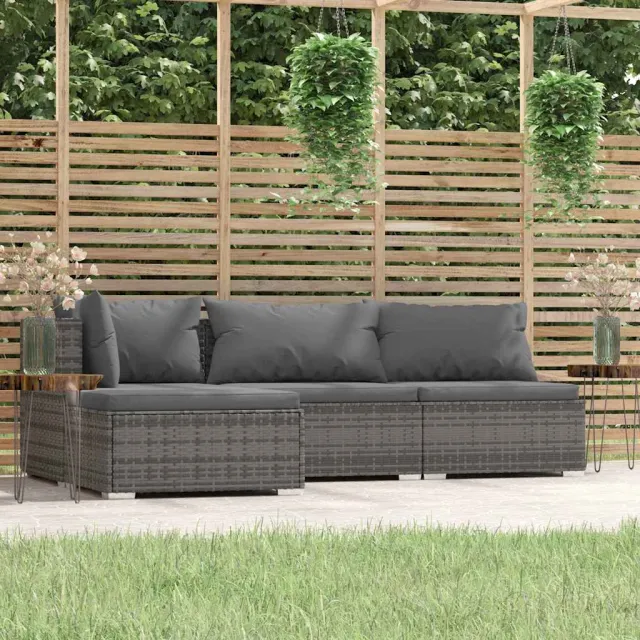 vidaXL 4-delige Loungeset met kussens poly rattan grijs, foto 2