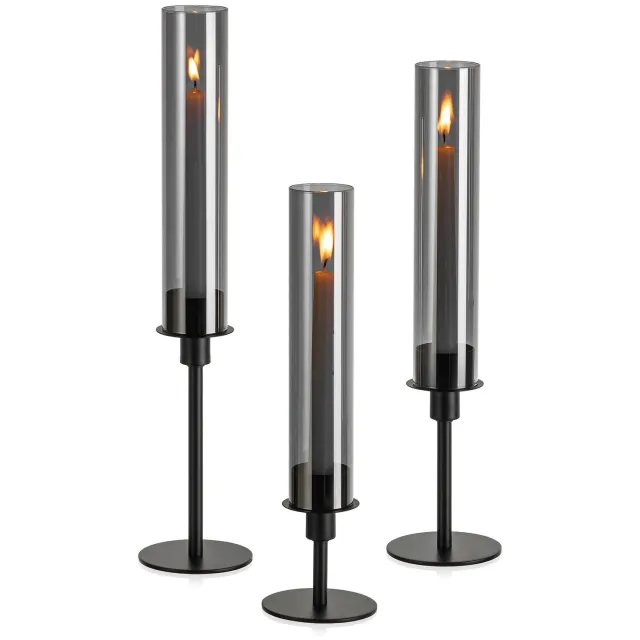 Famanu Set van 3 zwarte kaarsenhouders met rookglas, moderne tafeldecoratie voor stafkaarsen, ideaal voor binnen en buiten gebruik tijdens speciale gelegenheden
