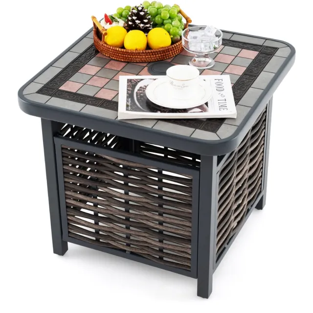 Costway Bijzettafel van polyrotan, tuintafel met hars-tafelblad en parasolgat, balkontafel, weerbestendig, voor terras, balkon, tuin, 55 x 55 x 50 cm Zwart
