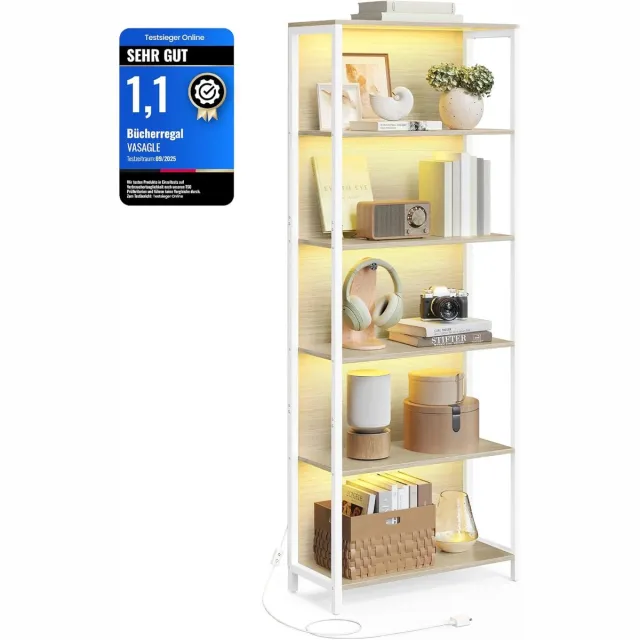 FurnStar Boekenkast met LED Verlichting – 6 Niveaus – Staand Opbergrek met Stalen Frame – Verstelbare LED Verlichting – 30,3 x 60 x 178,6 cm – Natuurlijk Beige – LLS120LL01
