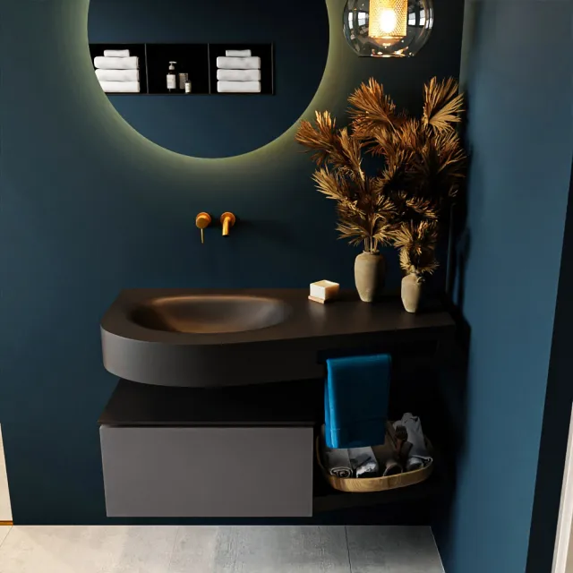 Mondiaz RIVA 100cm badmeubel onderkast / planchet kleur Dark_Grey met 1 lade. Wastafel DULCET links 0 kraangaten kleur Urban.