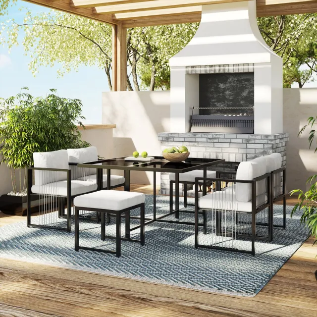 Zubaliya 7-Delige Tuin Eetset – Voor 6 Personen – Eettafel Gehard Glas – 4 Stoelen + 2 Hockers – Afneembare Kussens – Zwart – Ideaal voor Tuin & Terras Zwart+Wit