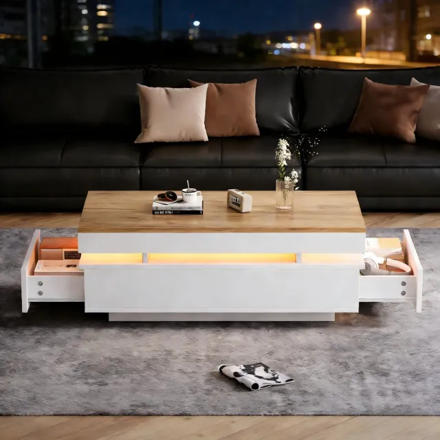 MIVRAY Salontafel - Hoogglans Met Ledverlichting En 2 Lades - Voor Woonkamer En Bankhoek - Spaanplaat - 100x50x35 Cm Wit