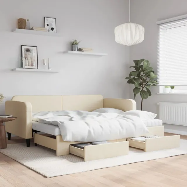 vidaXL Slaapbank met onderschuifbed en lades 90x200 cm stof crèmekleur