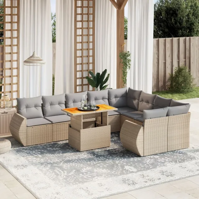 vidaXL 10-delige Loungeset met kussens poly rattan beige, foto 2