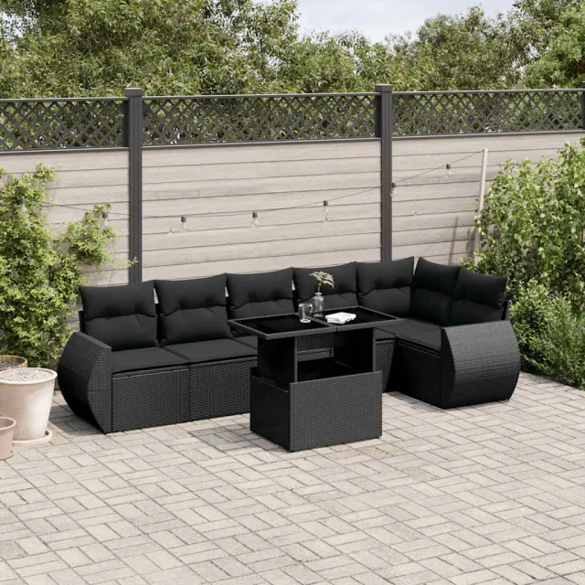vidaXL 7-delige Loungeset met kussens poly rattan zwart, foto 2