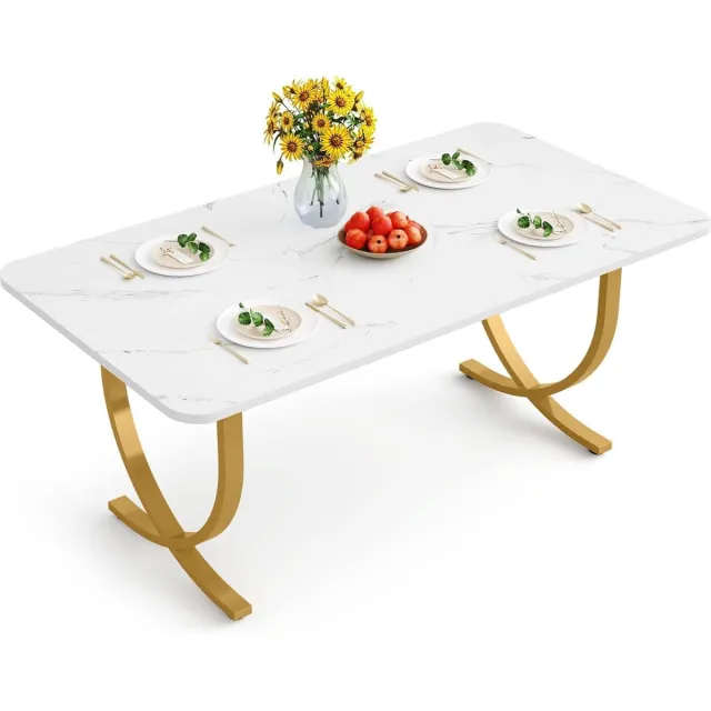 Tribesigns Eettafel - Rechthoekig Keukentafel - 160 x 80 x 75 cm - Eetkamertafel Voor 6-8 Personen - Moderner Design - Vintage - Wit en goud