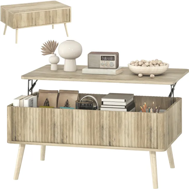 Lunpog Verhoogbare salontafel - salontafel met 2 verborgen opbergvakken en poten van grenenhout - 91 x 56 x 43 cm - eiken Natuurlijke houtkleur