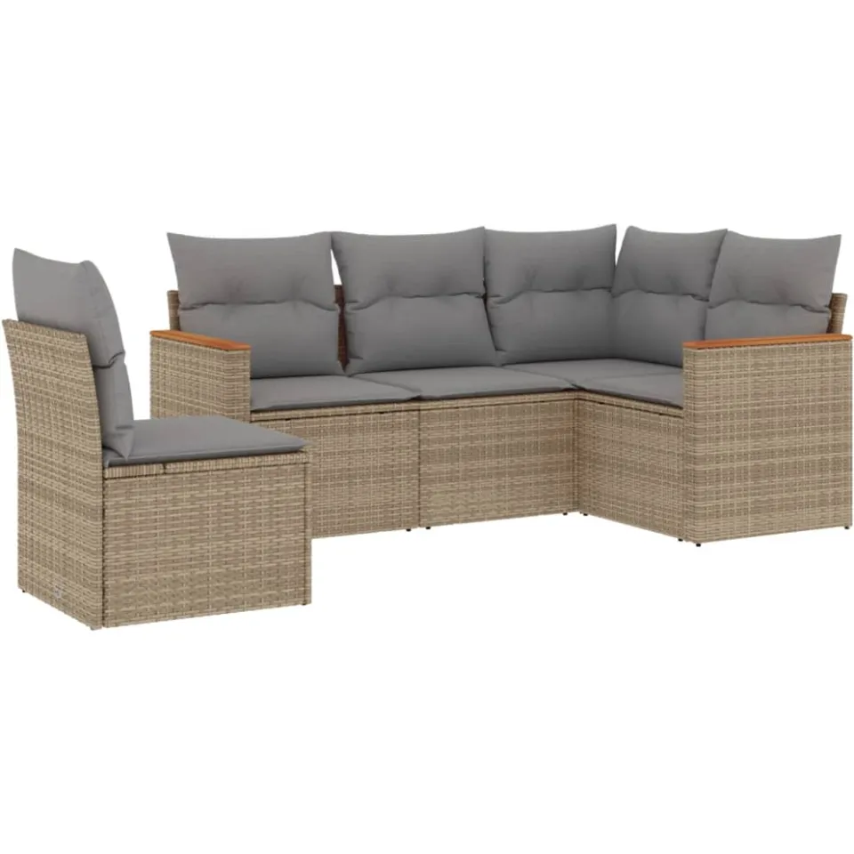 vidaXL 5-delige Loungeset met kussens poly rattan gemengd beige, foto 3